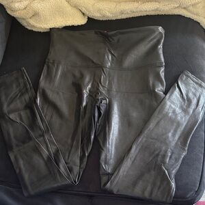 SPANX Black Faix-Leather Leggings with Red Brand Tag